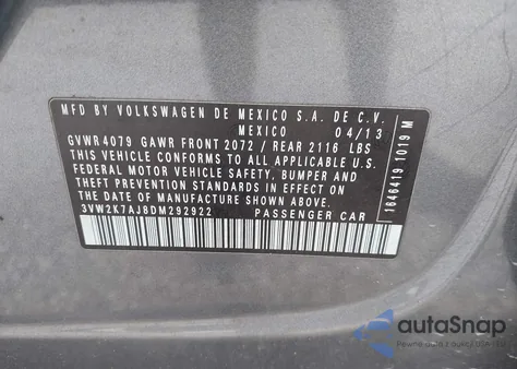 2013 Volkswagen Jetta S из США, поврежденный, VIN 3VW2K7AJ8DM292922